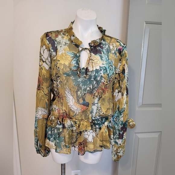 Hemant & Nandita Keystone Silk Blouse Sheer Floral Print Feminine Peplum(L) - Picture 2 of 14